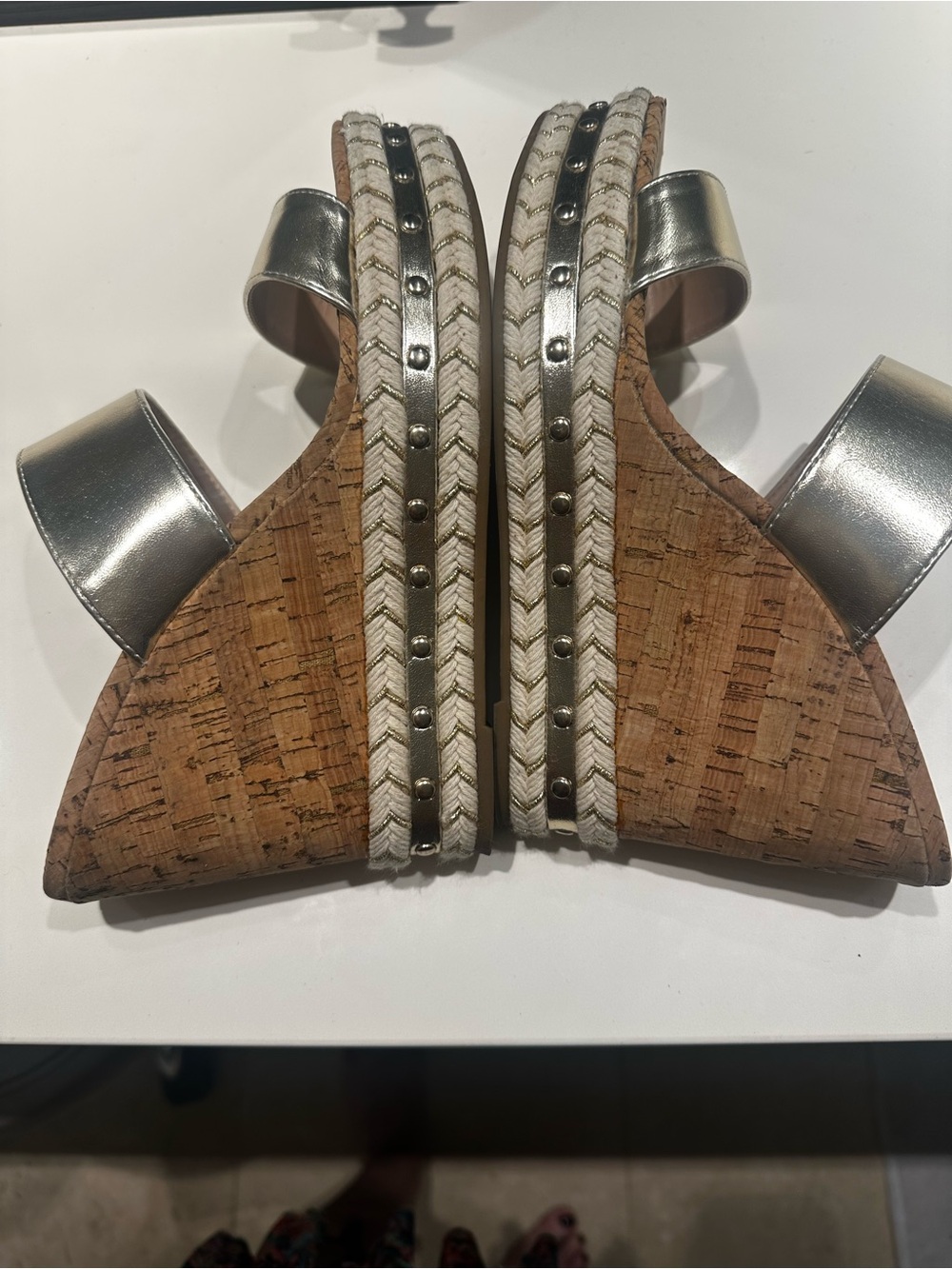 BCBGeneration Metallic Silver Cork Wedge Sandals